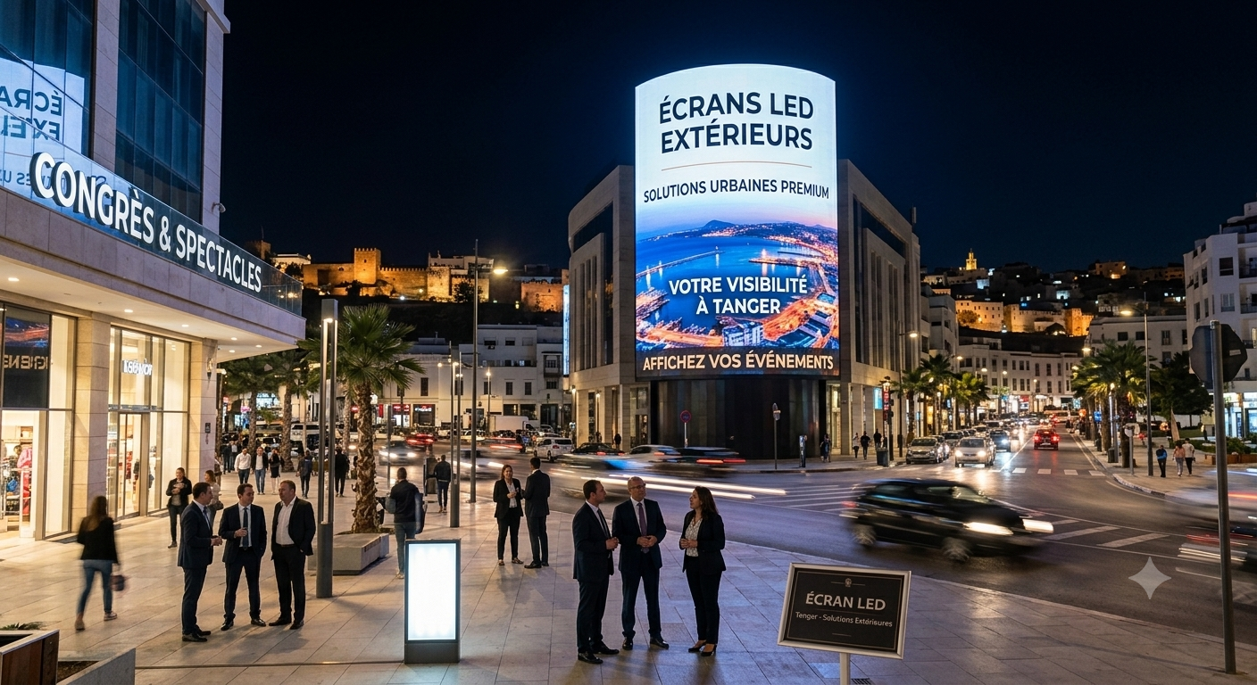 Écran LED extérieur illuminant une rue commerçante en soirée à Tanger